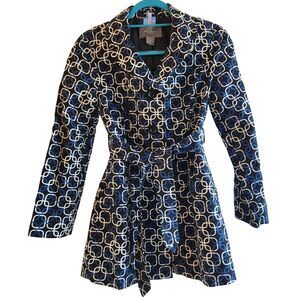 Ann Taylor Belted Trench Coat Petite Small Black/Blue/White Geometric Pattern